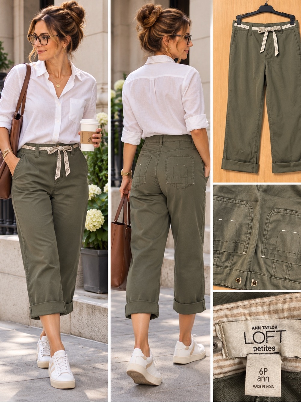 LOFT Olive Green Cropped Tie-Waist Utility Pants